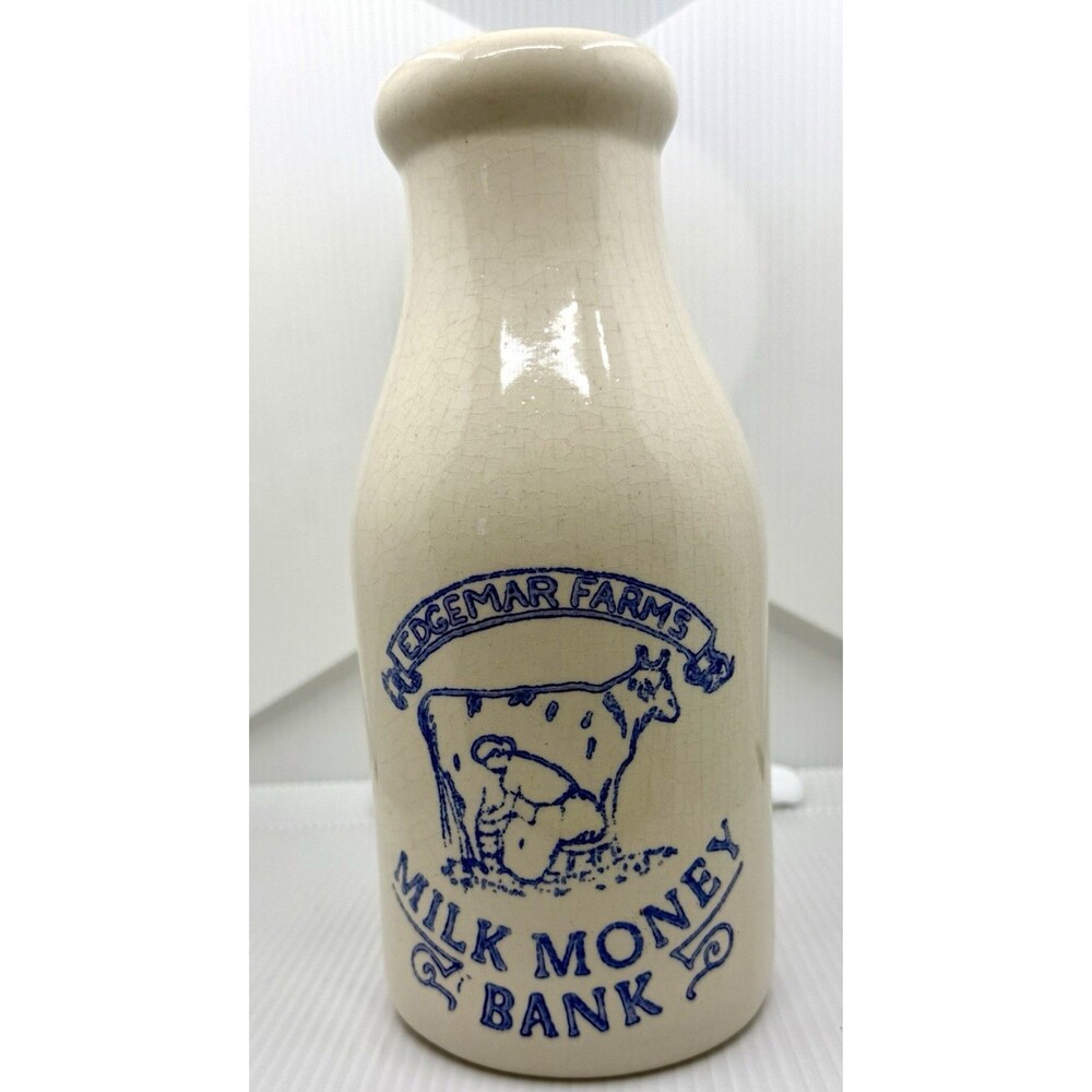 Edgemar Farms Milk Money Bank With Cow Being Milked Ceramic Crock 9" No Cork